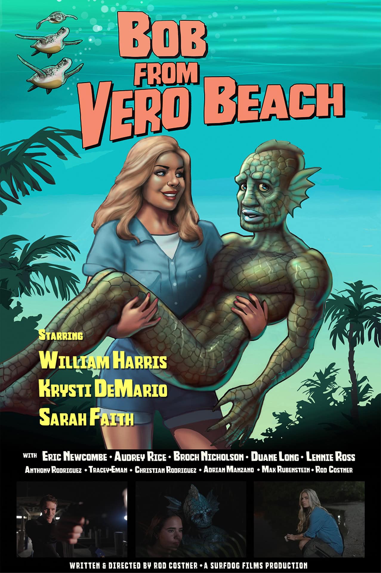 A woman holding a creature with reptilian features on a tropical background with palm trees.