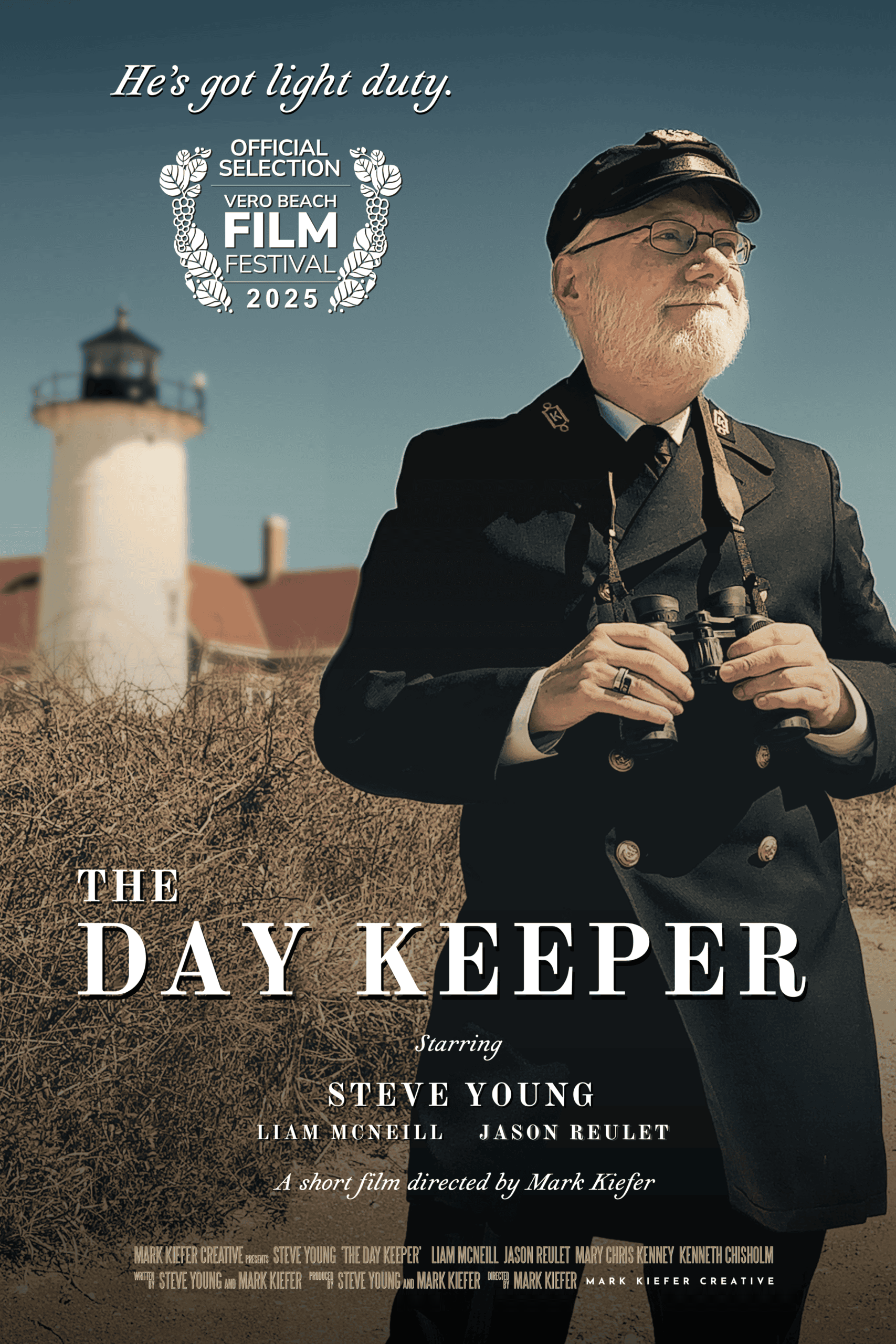 A film festival poster featuring a man with binoculars and lighthouse background.